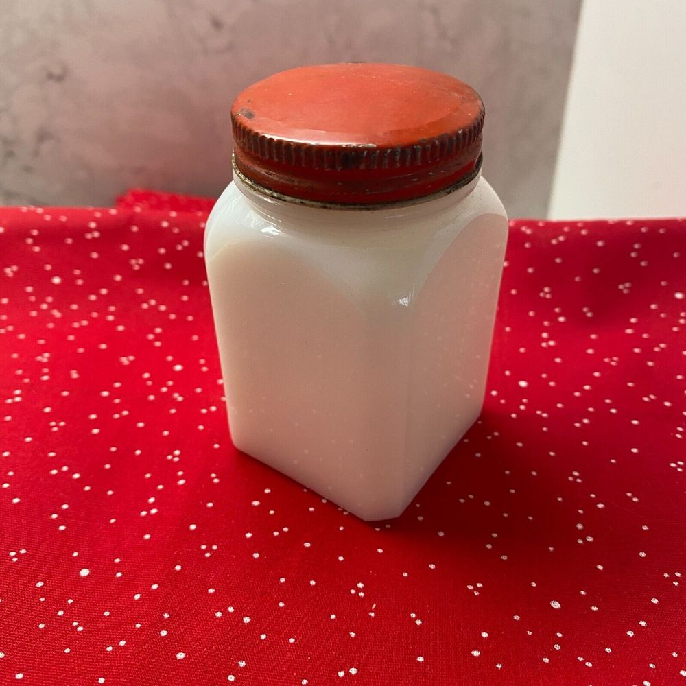 Vintage White Kitchenware Square Milk Glass Spice Jar Containers with Metal Lids